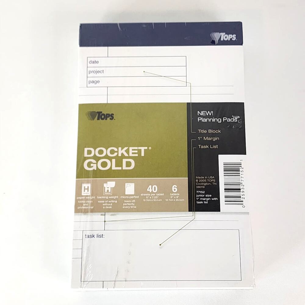 Tops Docket Gold Planning Pads Heavy Paper Weight 6 Tablets/40 Sheets 5X8 in